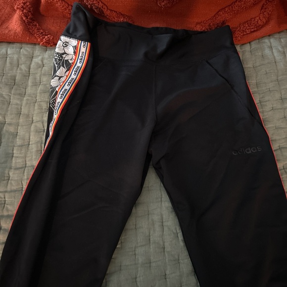adidas Black Leggings with Floral and Stripe Detail - Picture 3 of 3